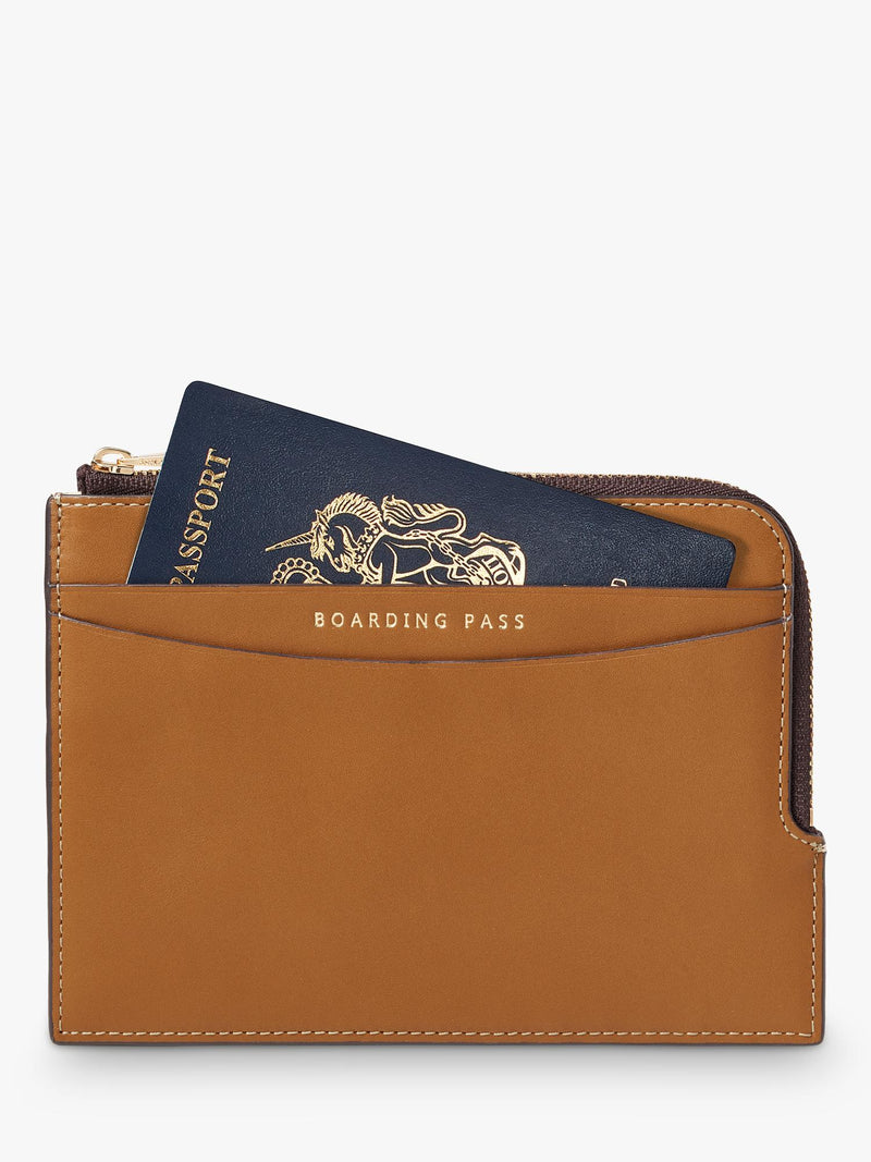 Aspinal of London tan leather travel wallet with zip - British product