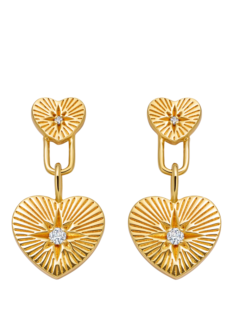 Astley Clarke double heart drop earrings in gold, imported from the UK
