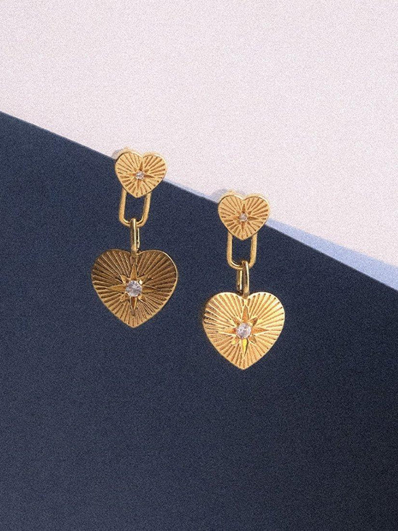 Astley Clarke double heart drop earrings in gold, imported from the UK