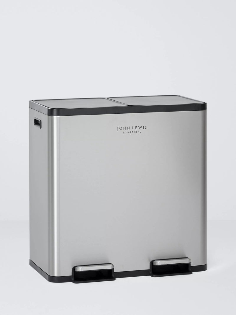 John Lewis two-section recycling bin with handles, 80 litre, brushed stainless steel, UK version