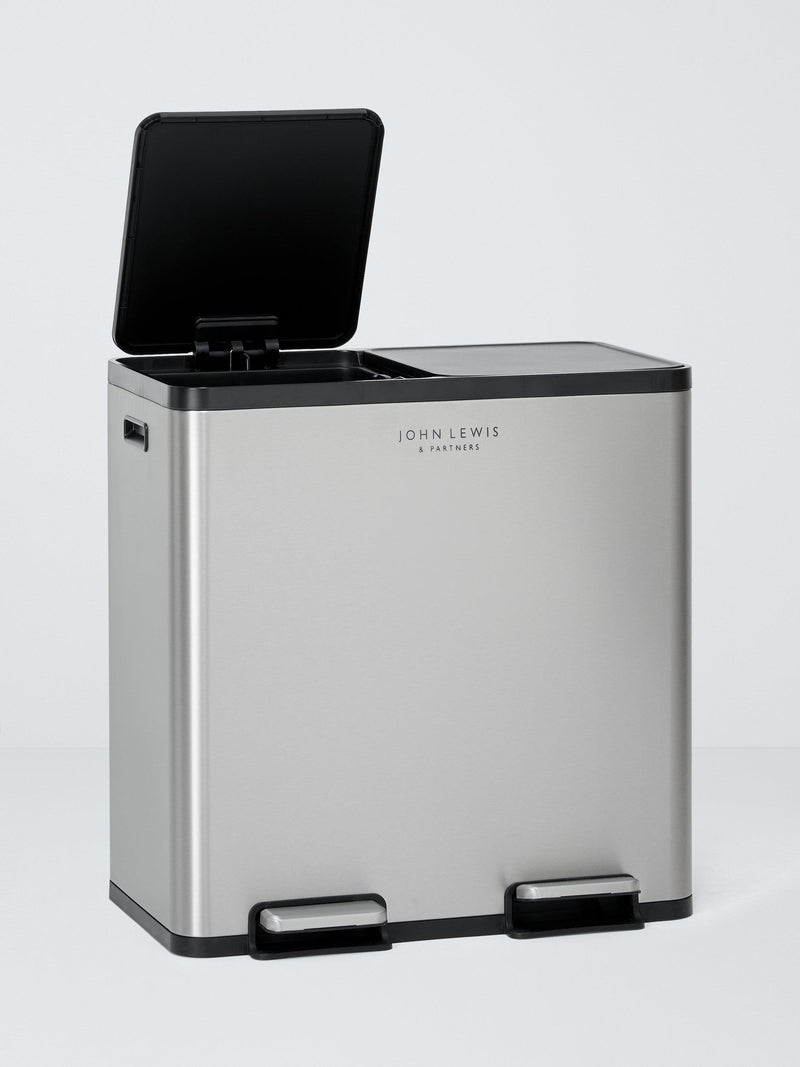 John Lewis two-section recycling bin with handles, 80 litre, brushed stainless steel, UK version
