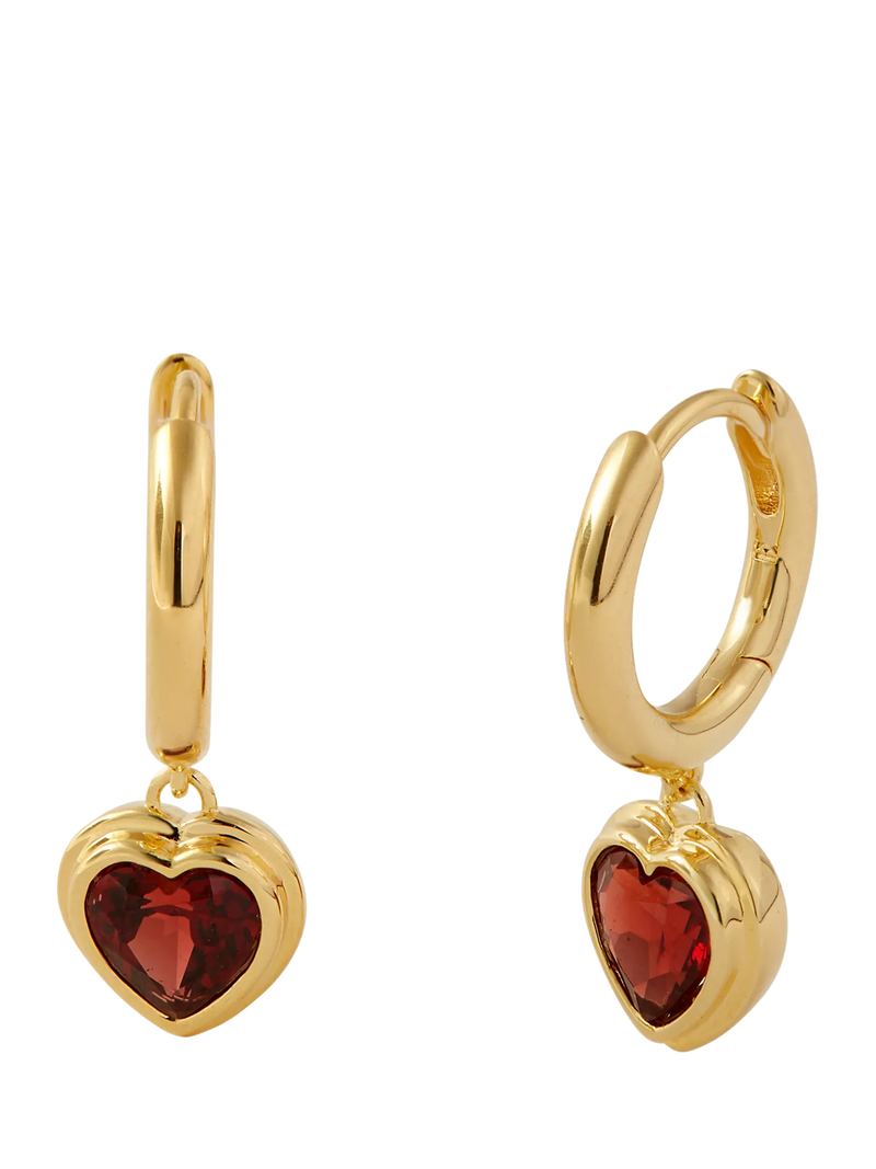 Edge of Ember gold plated garnet heart hoop earrings (British brand)