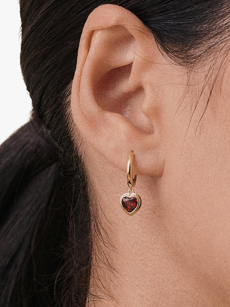 Edge of Ember gold plated garnet heart hoop earrings (British brand)