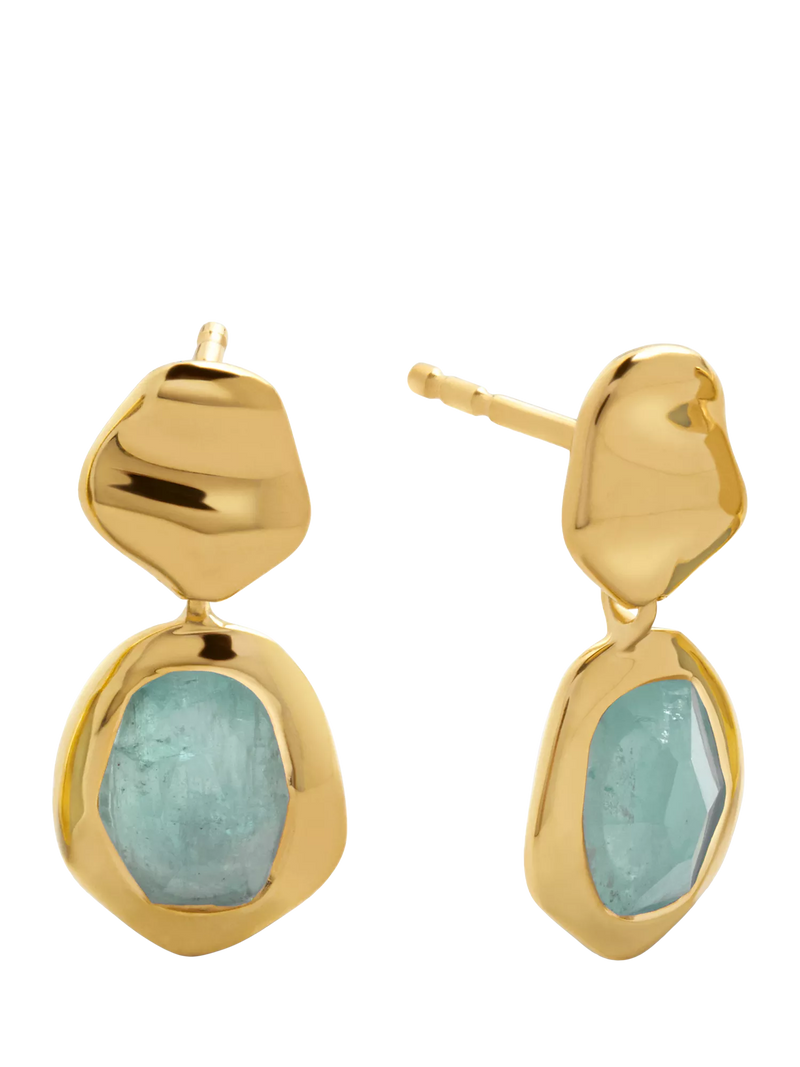 Monica Vinader gold drop earrings with blue aquamarine, imported from the UK
