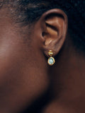 Monica Vinader gold drop earrings with blue aquamarine, imported from the UK