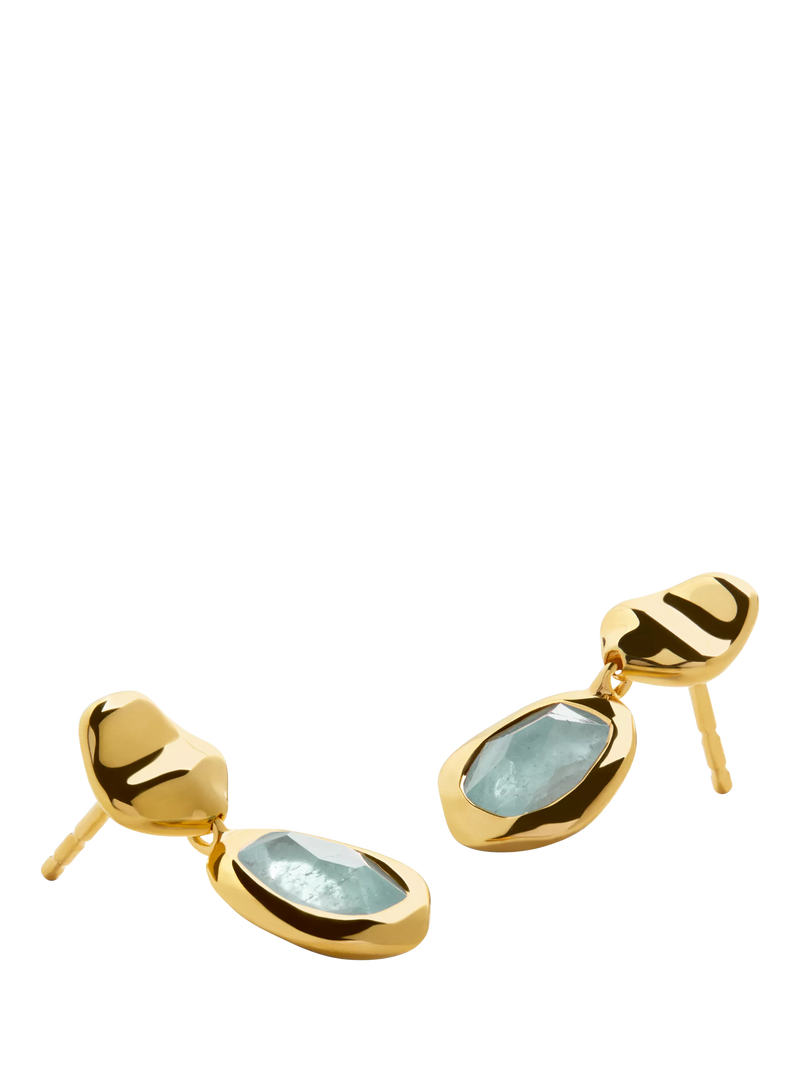 Monica Vinader gold drop earrings with blue aquamarine, imported from the UK