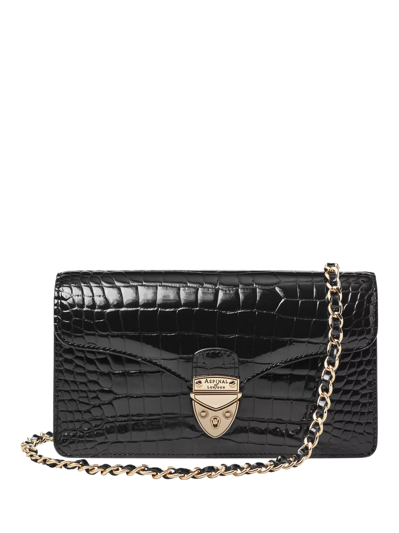 Aspinal of London patent croc clutch bag in black, imported from the UK