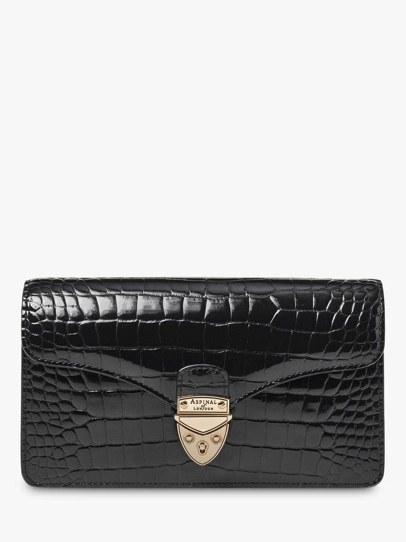 Aspinal of London patent croc clutch bag in black, imported from the UK