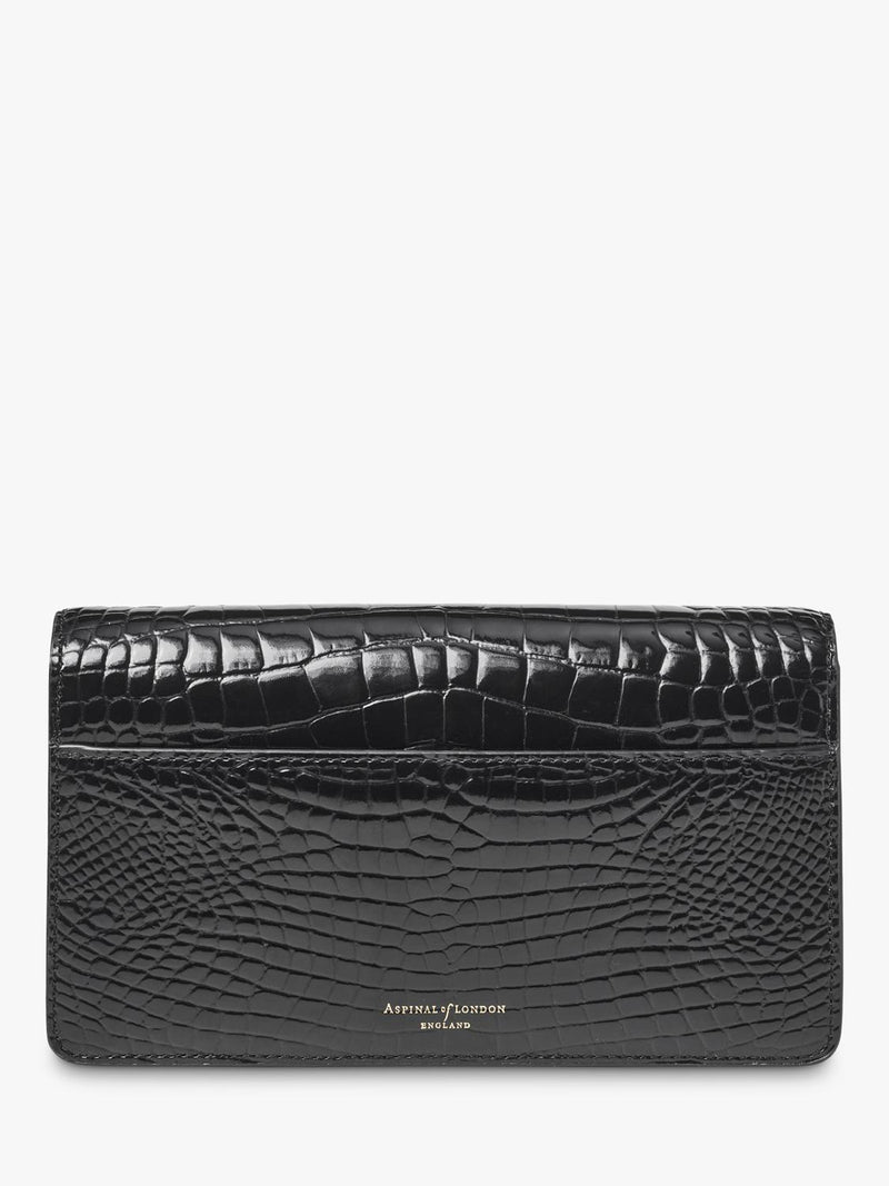Aspinal of London patent croc clutch bag in black, imported from the UK