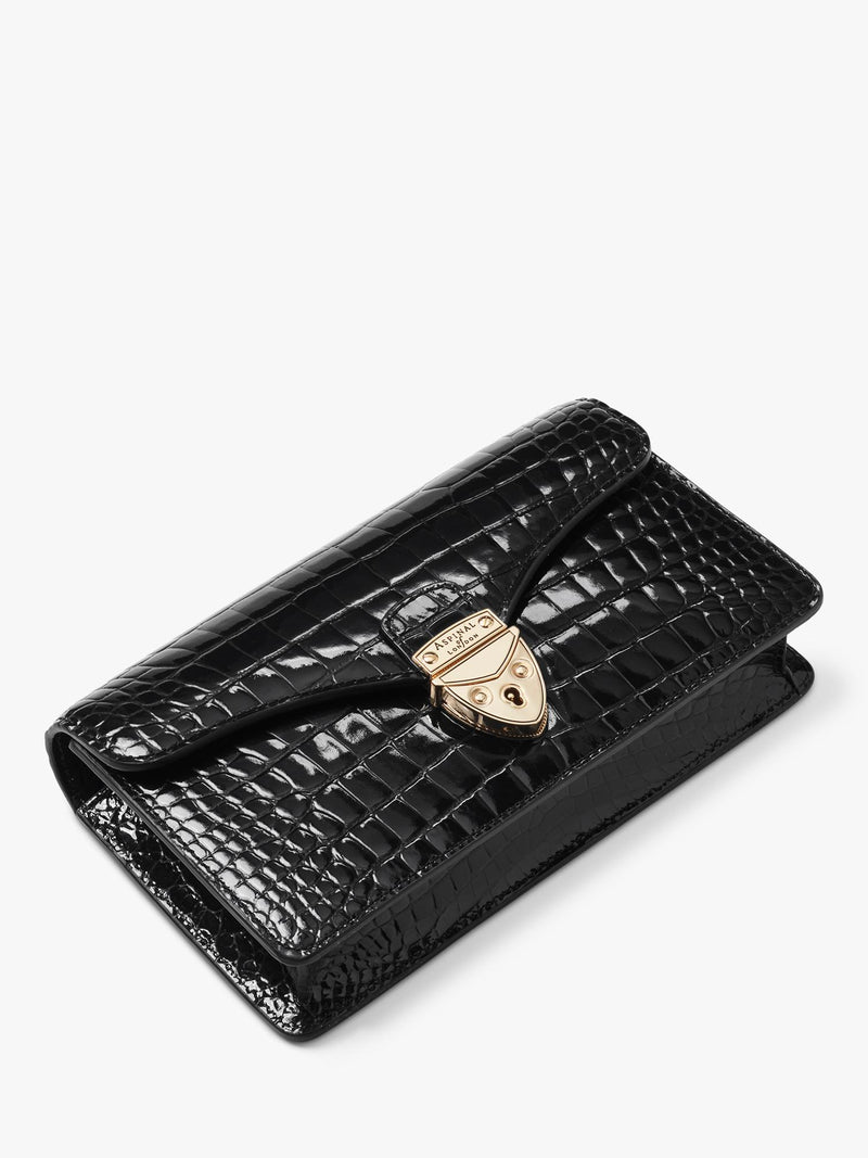 Aspinal of London patent croc clutch bag in black, imported from the UK