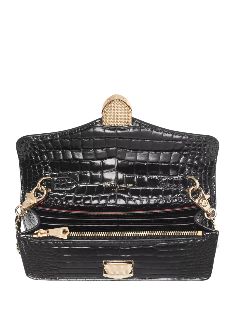 Aspinal of London patent croc clutch bag in black, imported from the UK