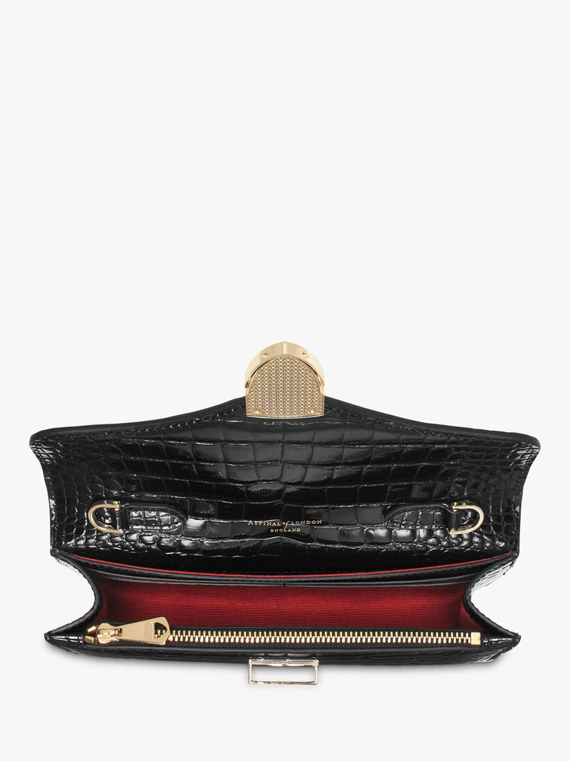 Aspinal of London patent croc clutch bag in black, imported from the UK