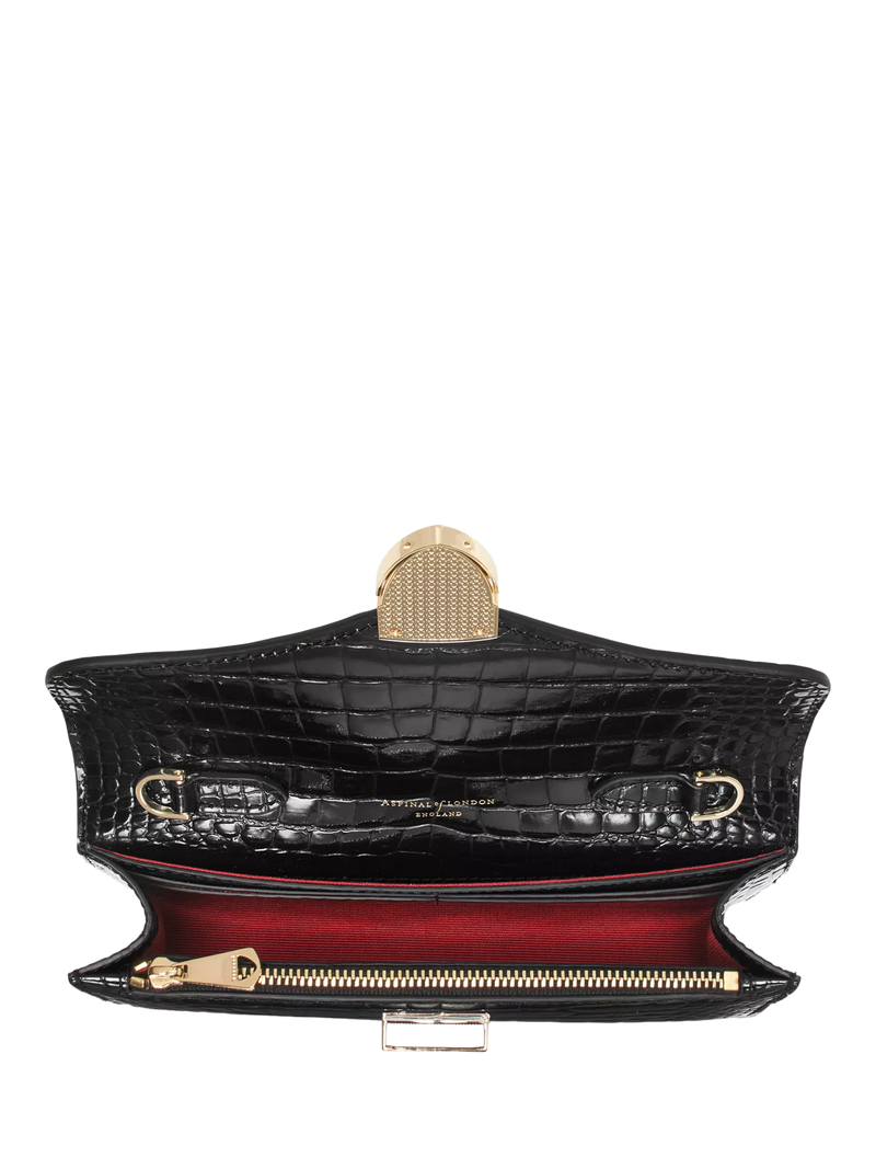Aspinal of London patent croc clutch bag in black, imported from the UK