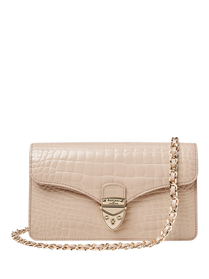 Aspinal of London Mayfair leather patent croc clutch bag taupe - British product