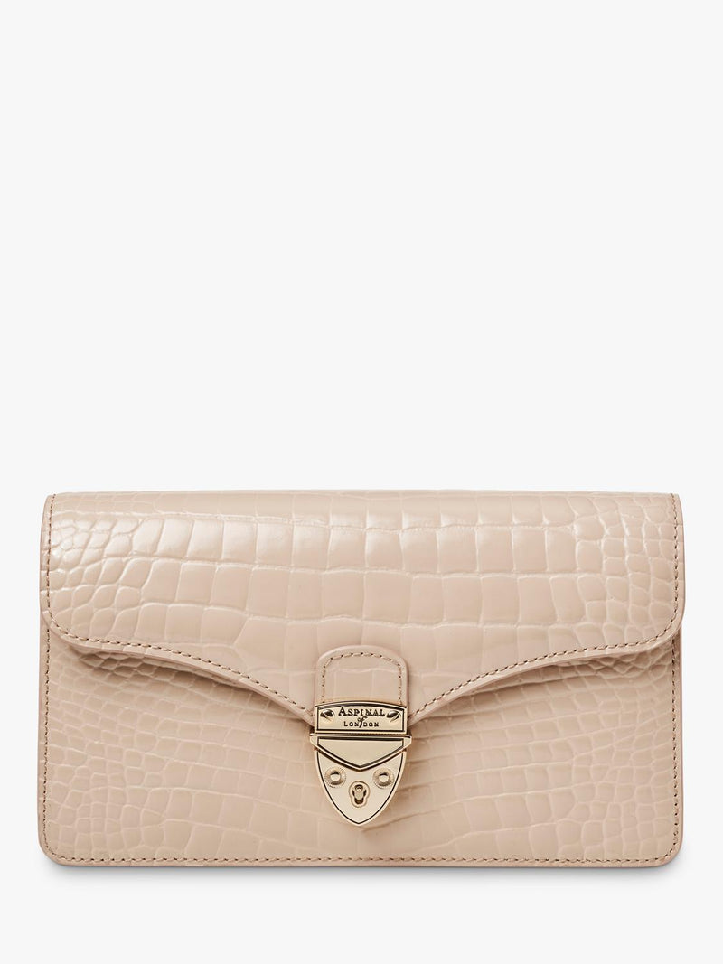 Aspinal of London Mayfair leather patent croc clutch bag taupe - British product