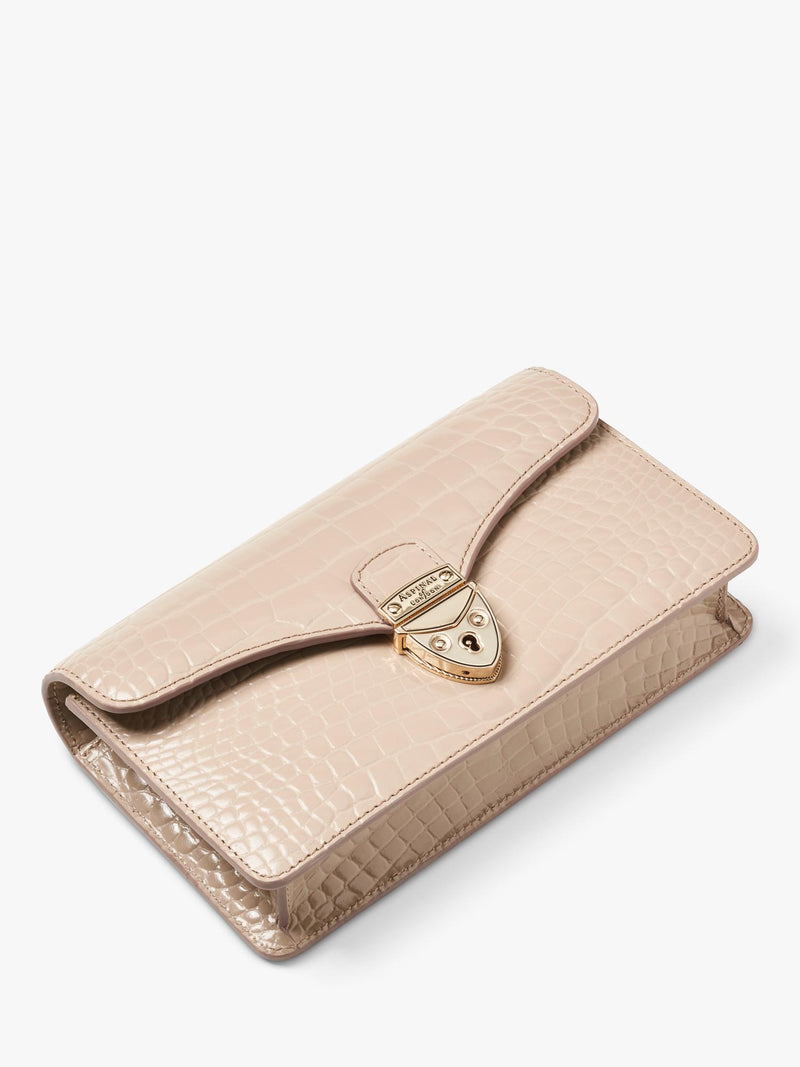 Aspinal of London Mayfair leather patent croc clutch bag taupe - British product