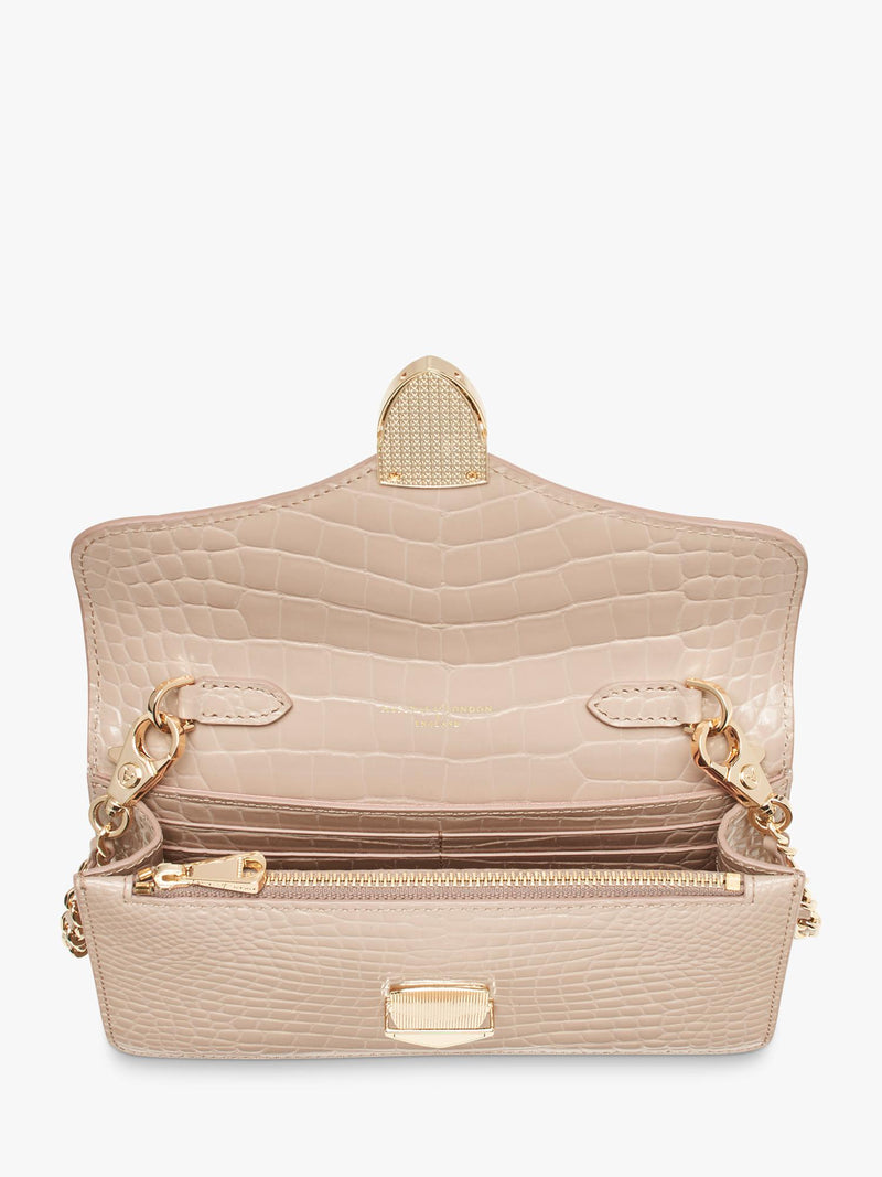Aspinal of London Mayfair leather patent croc clutch bag taupe - British product