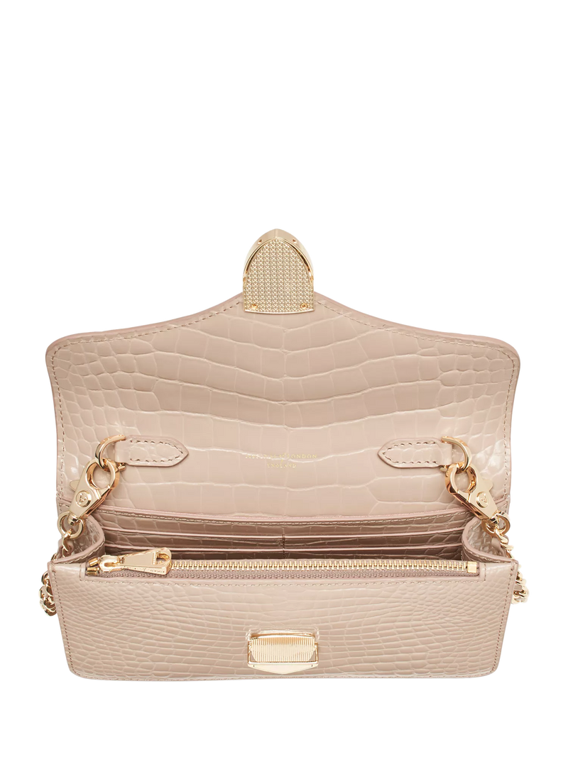 Aspinal of London Mayfair leather patent croc clutch bag taupe - British product