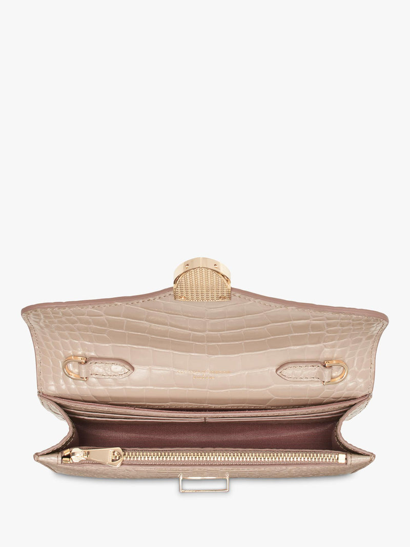 Aspinal of London Mayfair leather patent croc clutch bag taupe - British product