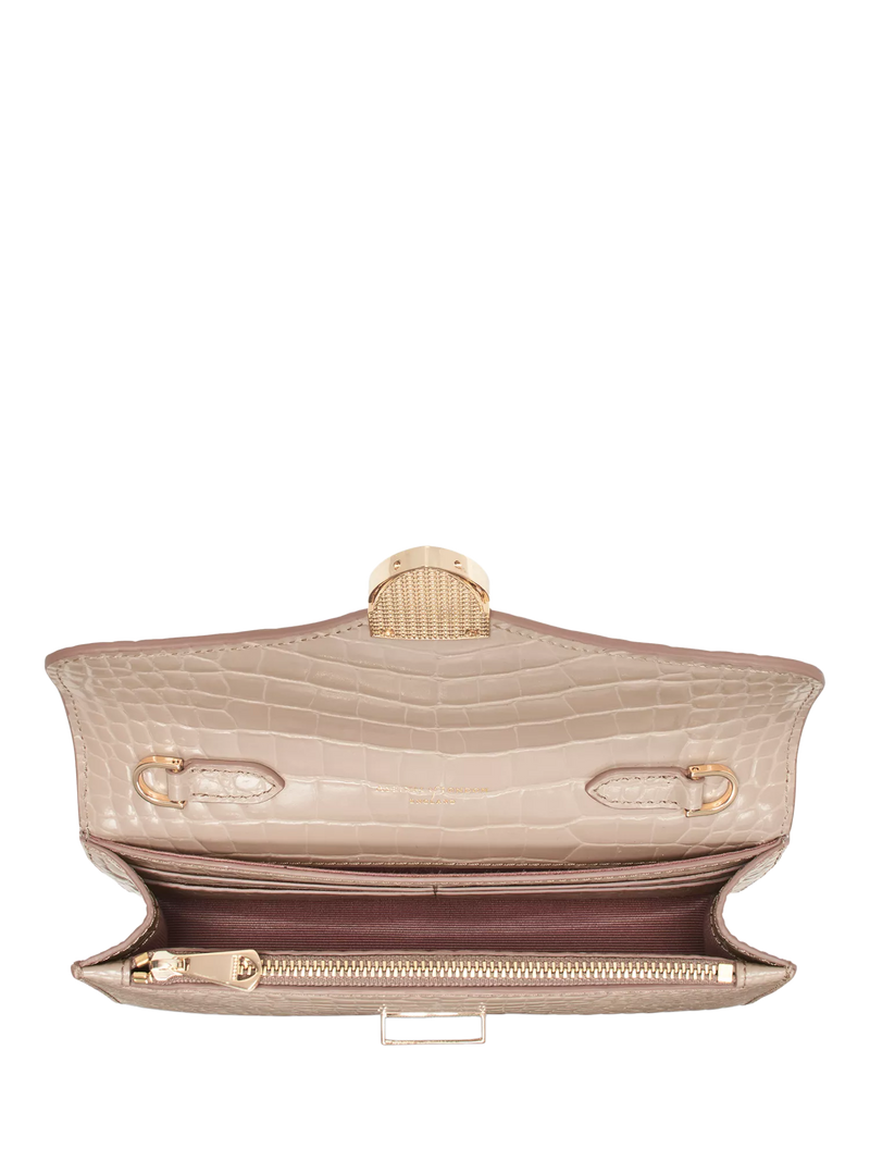 Aspinal of London Mayfair leather patent croc clutch bag taupe - British product