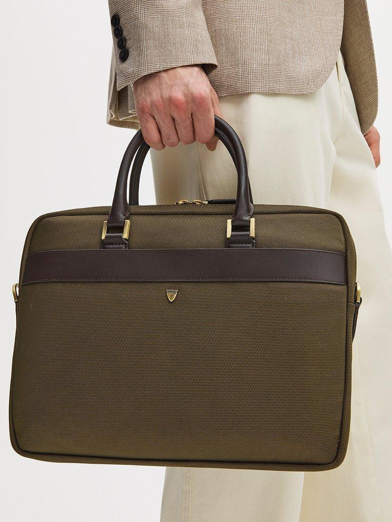 Aspinal of London slim briefcase in khaki, UK version