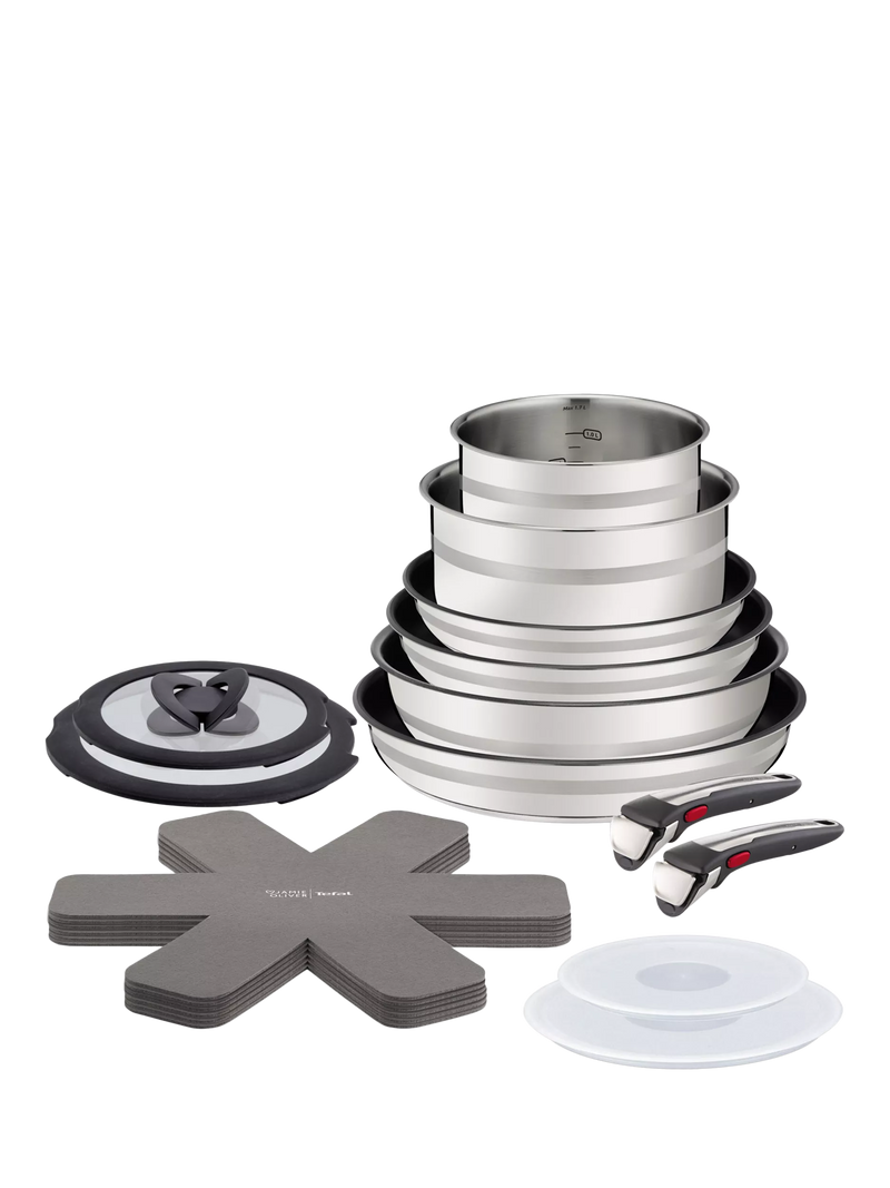 Tefal stainless steel cookware set with removable handles and wok, 18-piece, UK version
