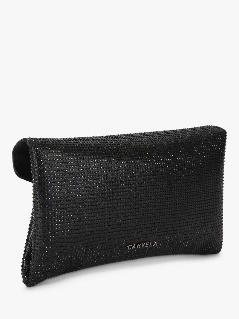 Carvela Stargaze crystal embellished envelope clutch bag, black, UK version