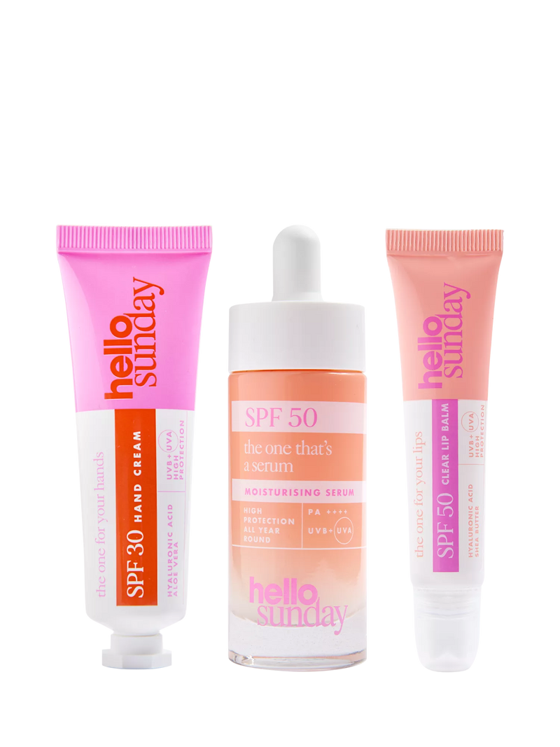 Hello Sunday Everyday Essentials skincare gift set with SPF50, imported from the UK