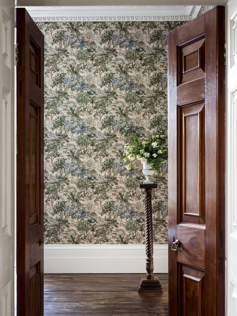 Sanderson woodland scene wallpaper mural with grass-cloth texture (British brand)