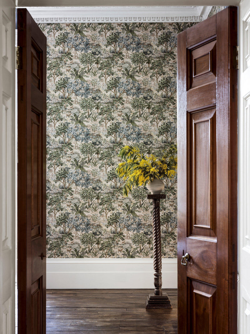 Sanderson woodland scene wallpaper mural with grass-cloth texture (British brand)