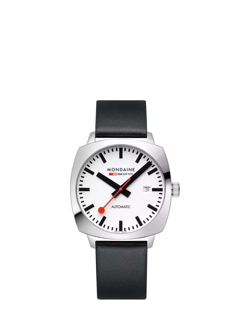 Mondaine automatic watch 39mm black vegan leather strap - British product