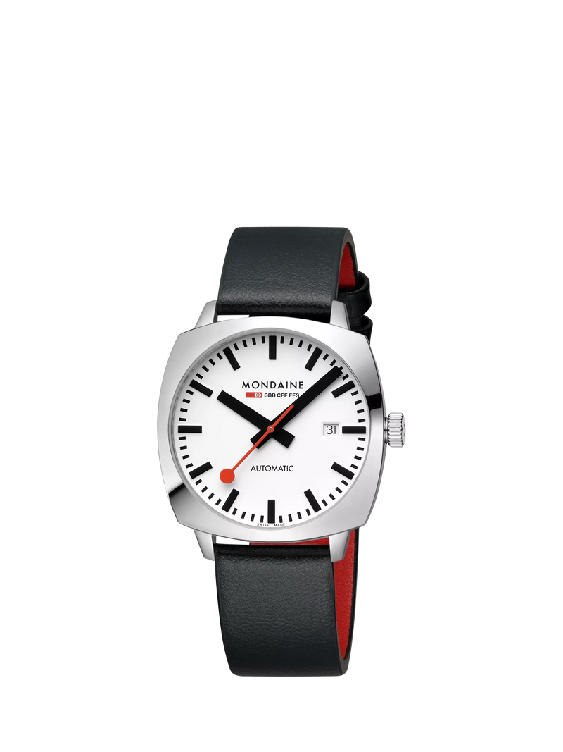 Mondaine automatic watch 39mm black vegan leather strap - British product
