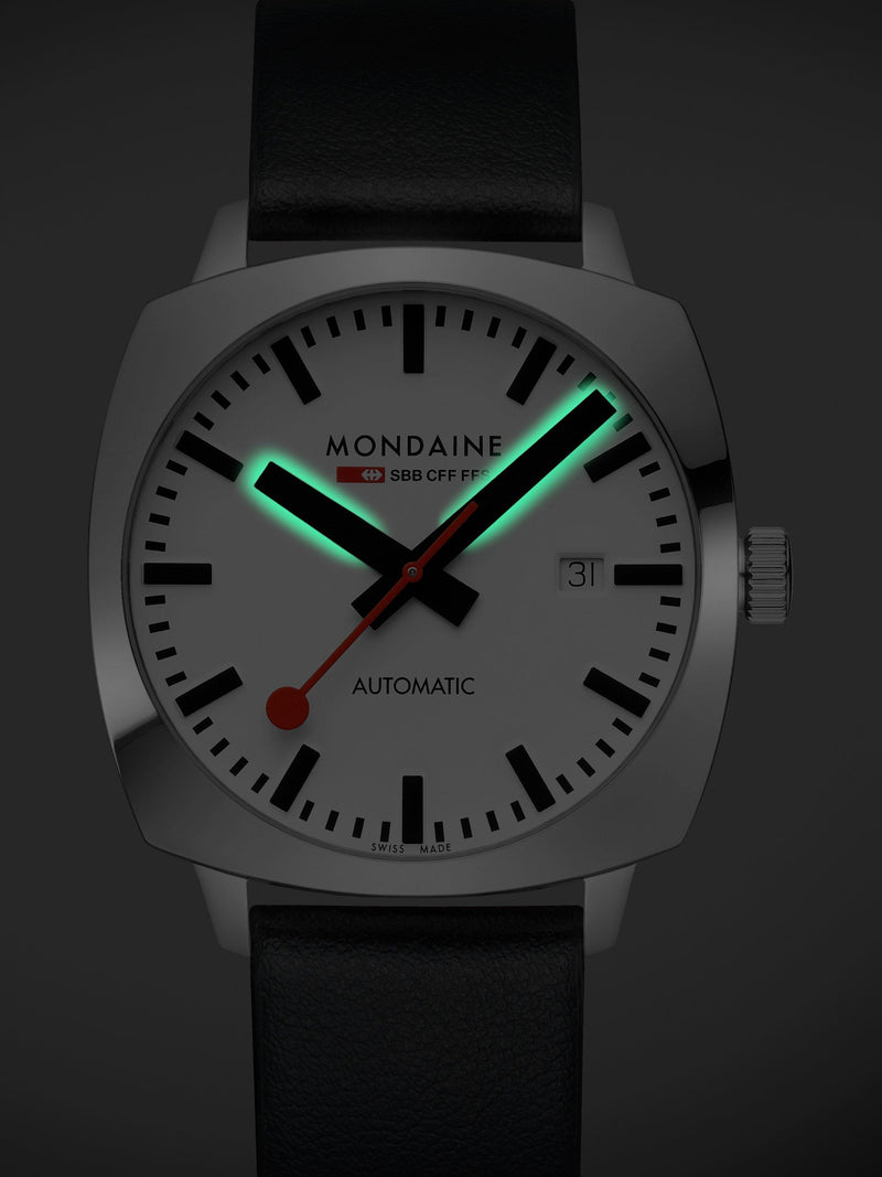 Mondaine automatic watch 39mm black vegan leather strap - British product