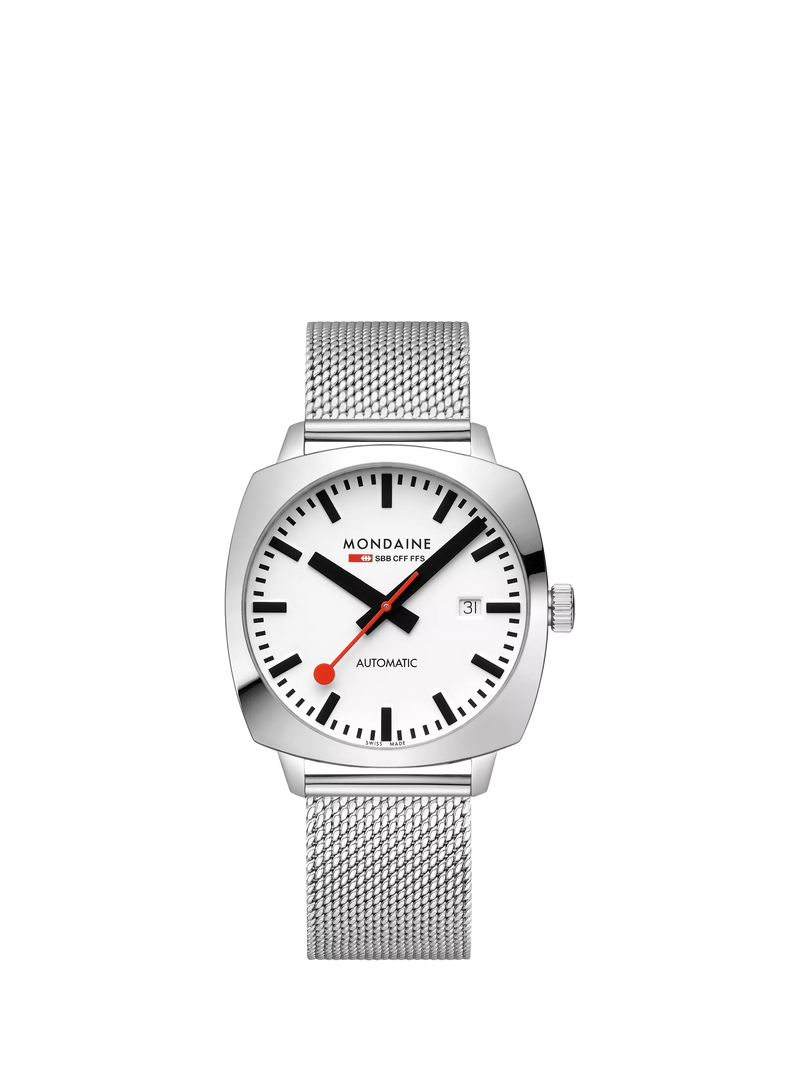 Mondaine Cushion Automatic watch 39mm silver stainless steel - British product