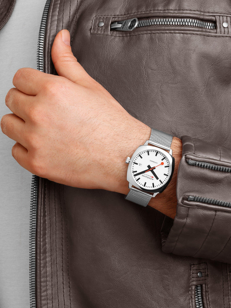 Mondaine Cushion Automatic watch 39mm silver stainless steel - British product