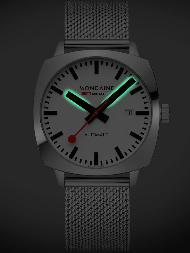 Mondaine Cushion Automatic watch 39mm silver stainless steel - British product