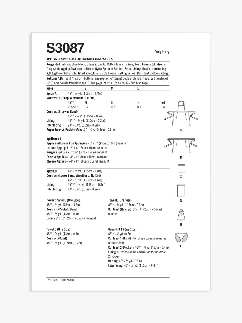 Simplicity sewing pattern for aprons and accessories, UK version