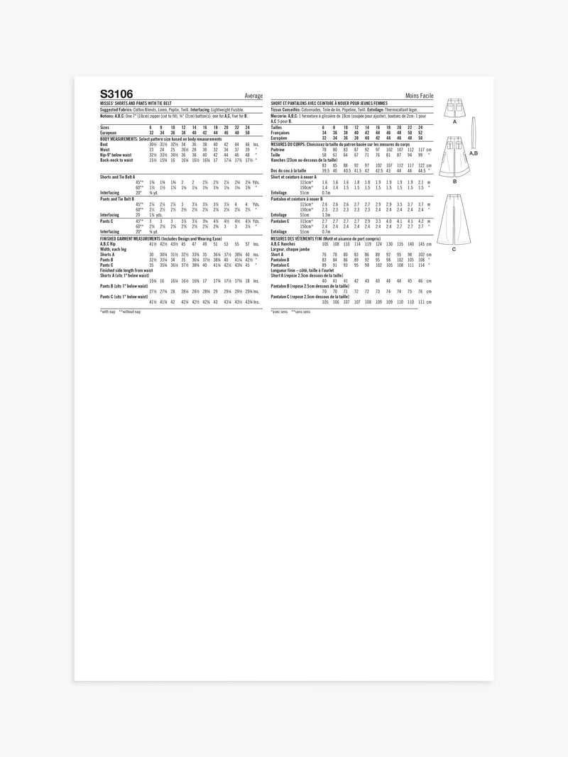 Simplicity sewing pattern Misses Shorts and Pants S3106, imported from the UK