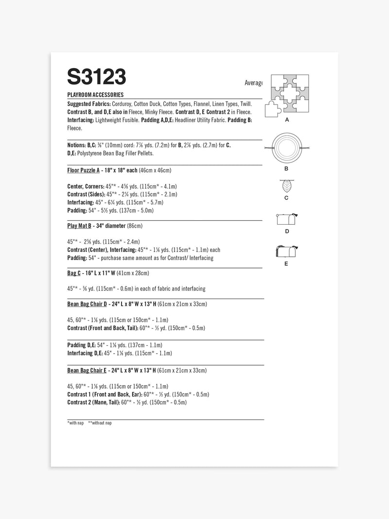 Simplicity sewing pattern S3123 for playroom accessories, UK version