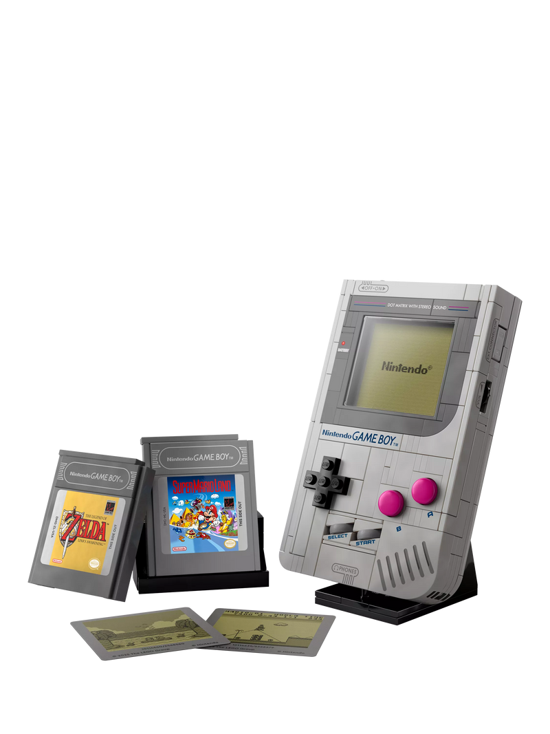 LEGO Game Boy replica building set with interchangeable game paks and display stand, UK version