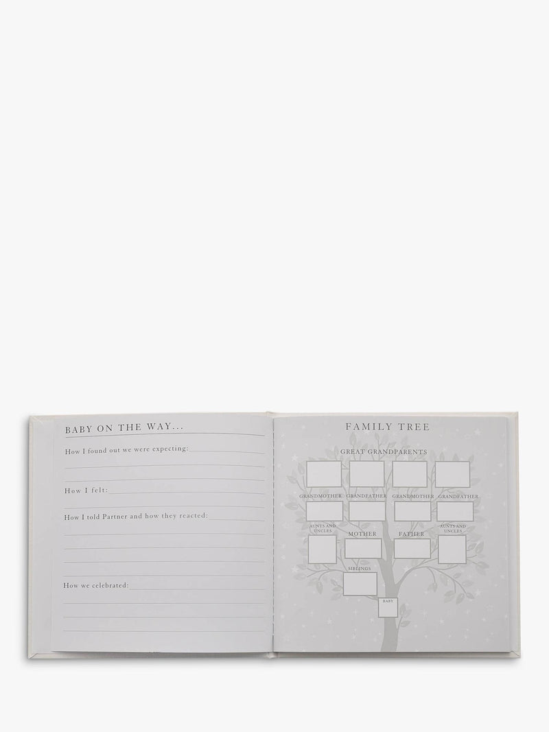 Bambino white linen cover pregnancy journal with silver debossed lettering, UK version