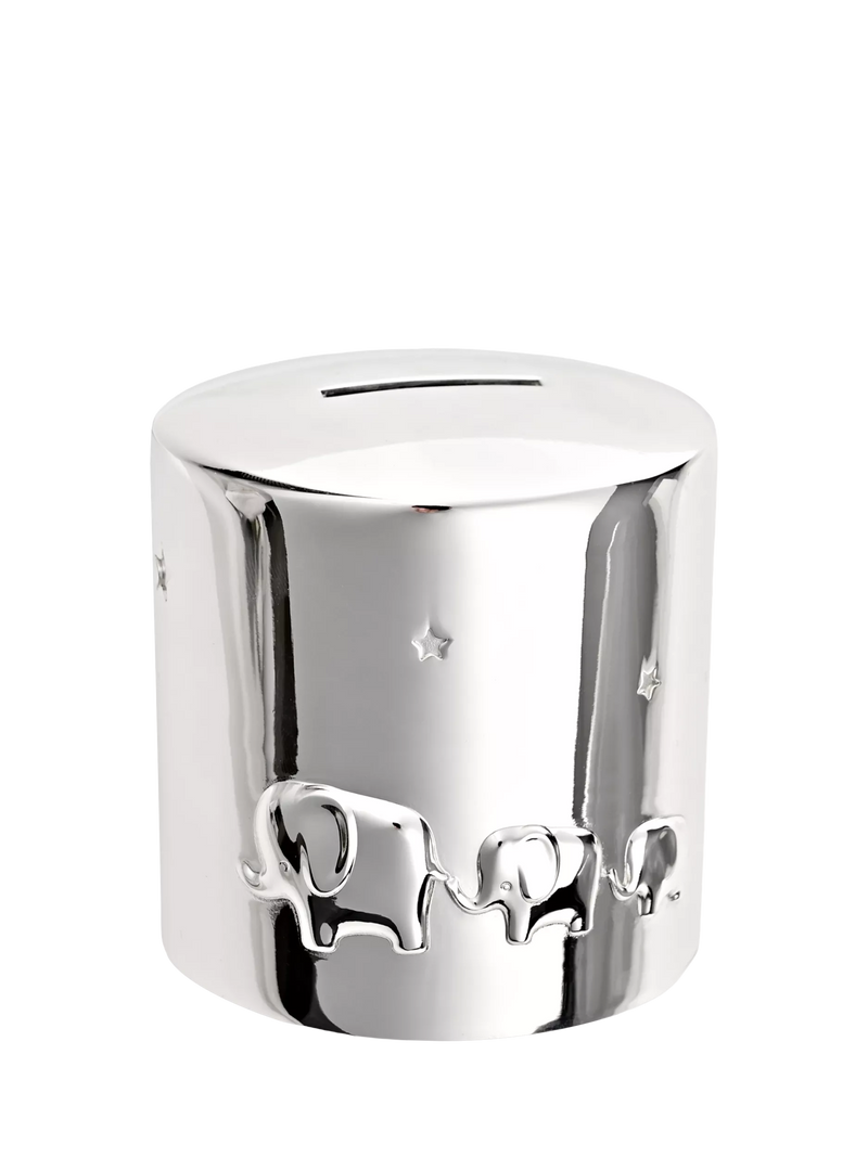 Bambino silver-plated money box with elephants, imported from the UK