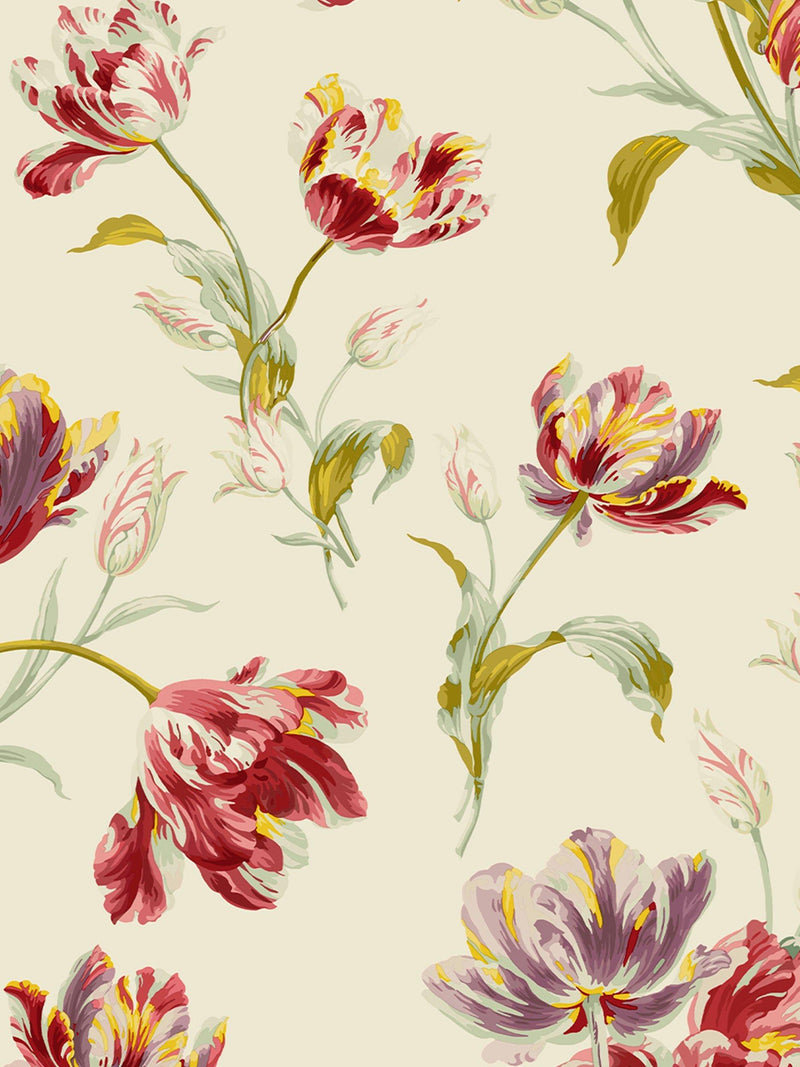 Laura Ashley floral wallpaper with tulip design in cranberry, UK version