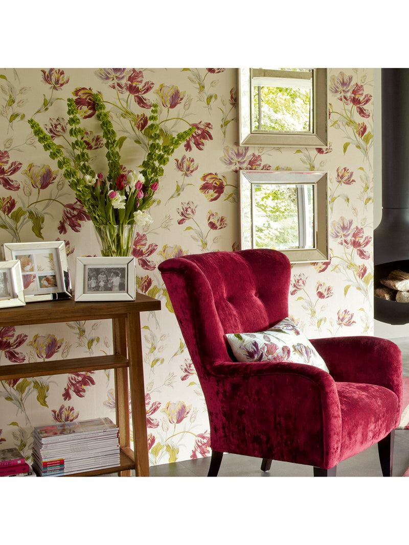 Laura Ashley floral wallpaper with tulip design in cranberry, UK version