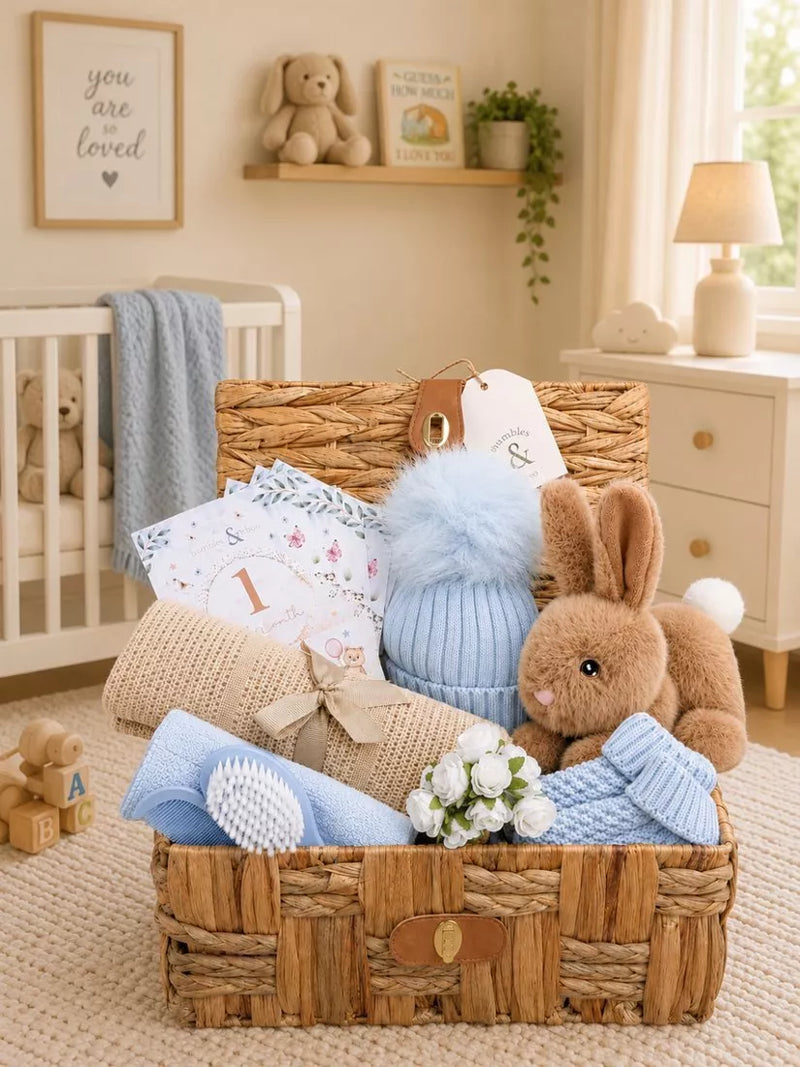 Bumbles & Boo baby boy gift hamper in water hyacinth basket (British brand)