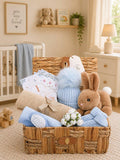 Bumbles & Boo baby boy gift hamper in water hyacinth basket (British brand)