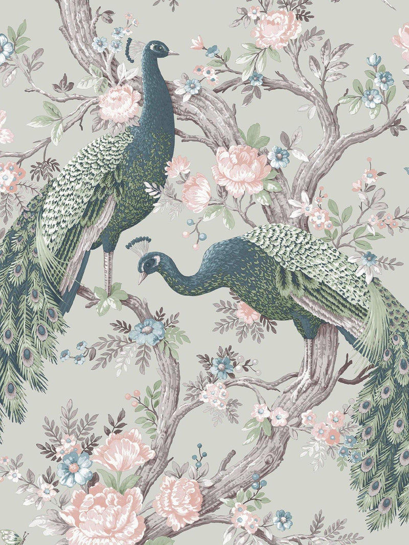 Laura Ashley ornate floral and peacock wallpaper in Iris, UK version
