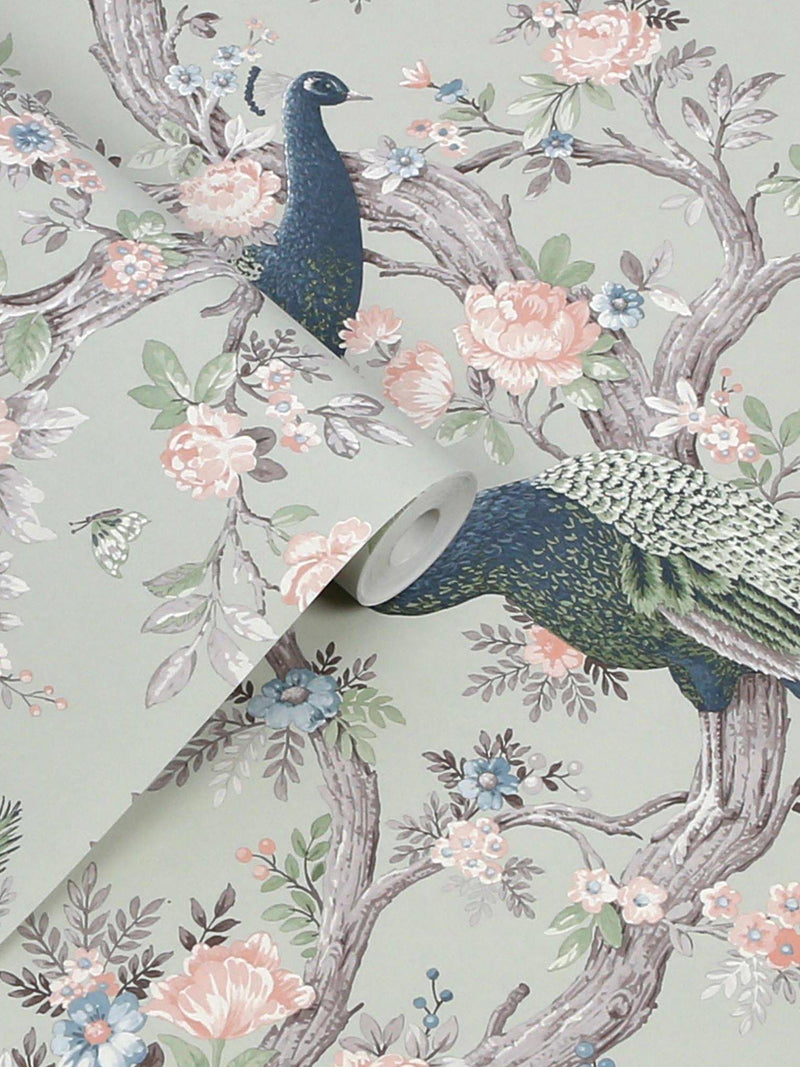 Laura Ashley ornate floral and peacock wallpaper in Iris, UK version