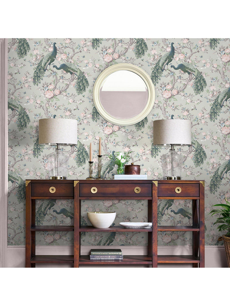 Laura Ashley ornate floral and peacock wallpaper in Iris, UK version
