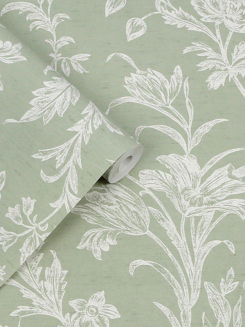 Laura Ashley Lloyd sage green wallpaper, imported from the UK